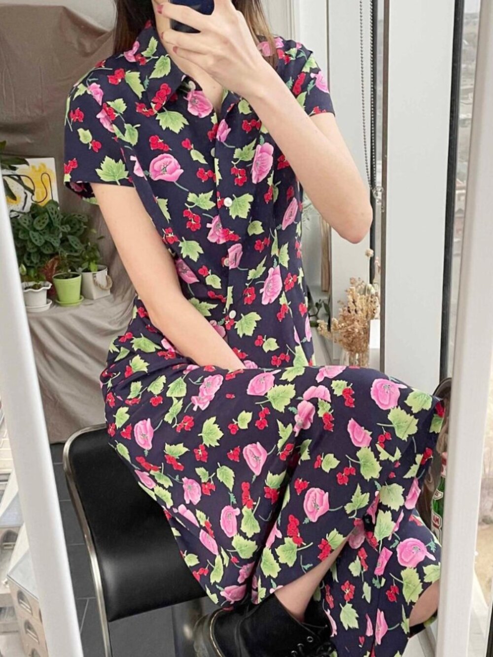 Vintage Floral Maxi Shirt Dress: Y2K Navy Blue Button-Up